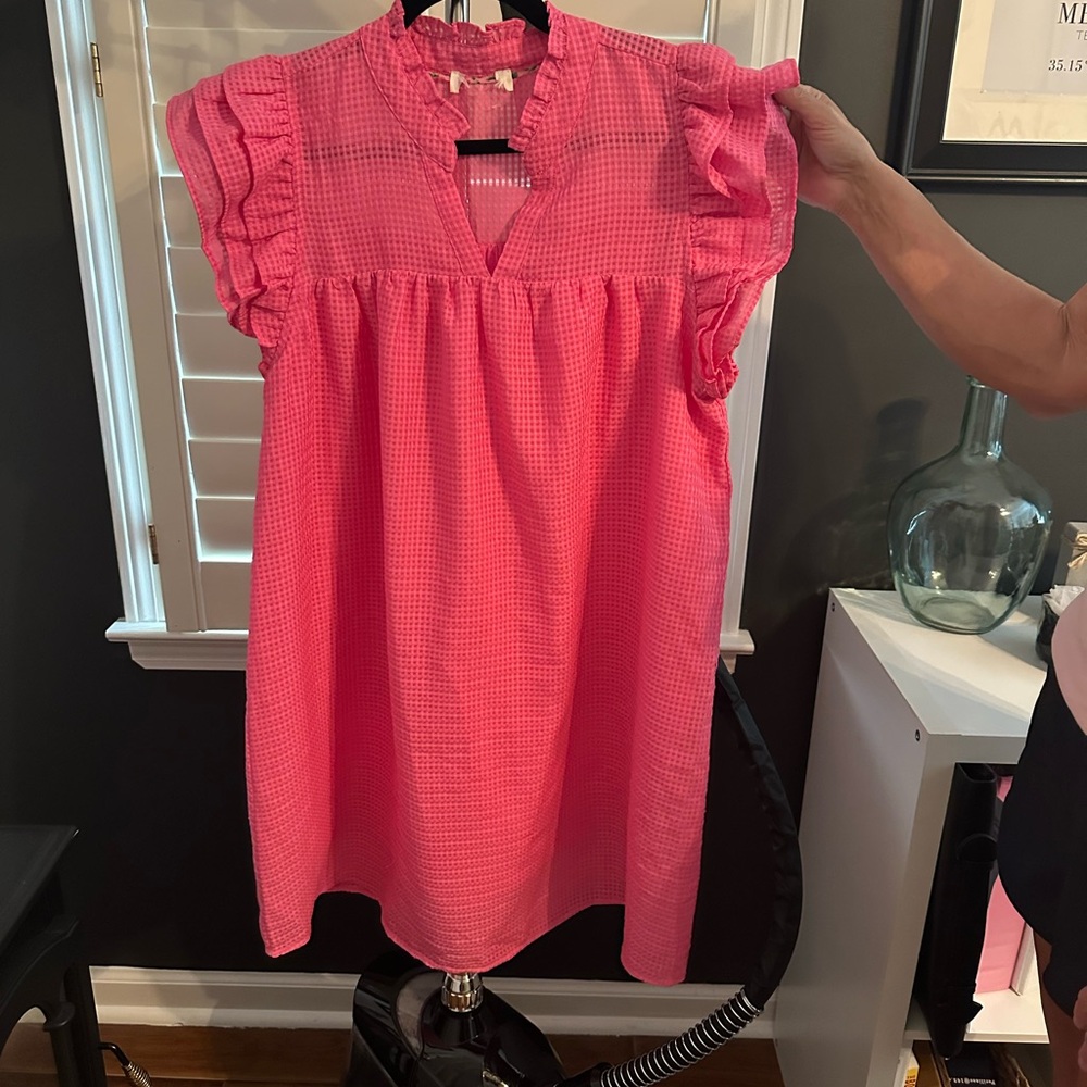 Pink Ruffled Flutter Sleeve Blouse with Mandarin Collar